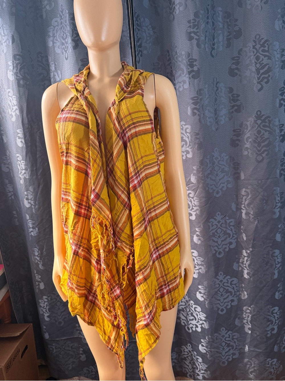 Sleeveless Yellow Plaid Hooded Tunic with Fringe
